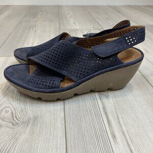 Clarks Artisan Perforated Suede Blue Wedge Slingback Sandal Peep Toe Size 10